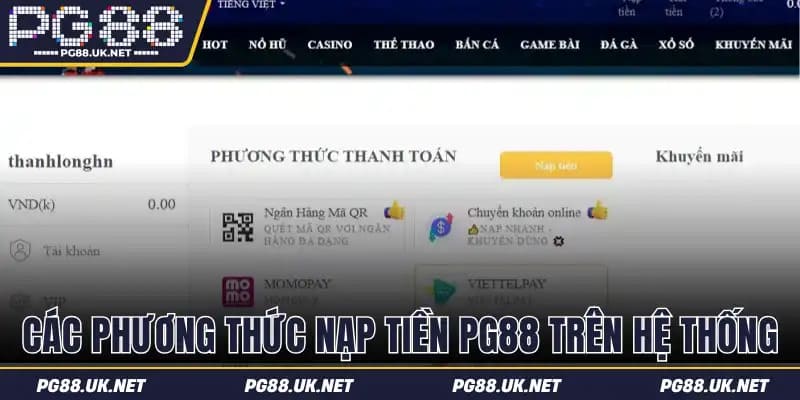 Các phương thức nạp tiền PG88 trên hệ thống